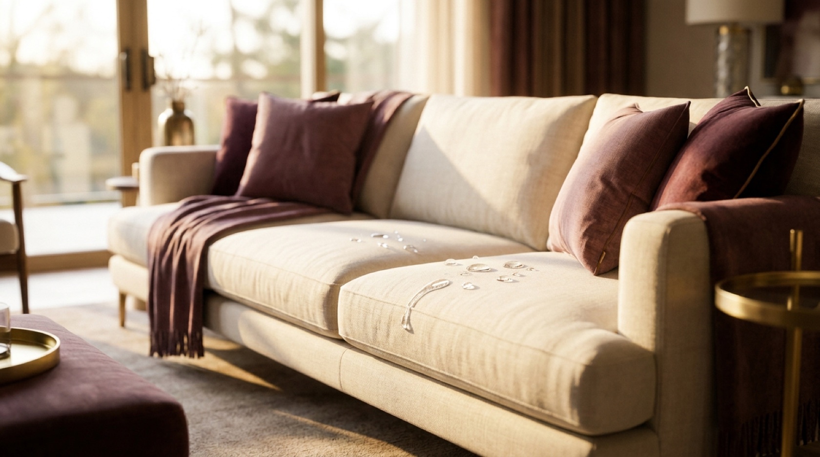 A treated linen sofa beads a spilled drink in a sunlit Utah living room